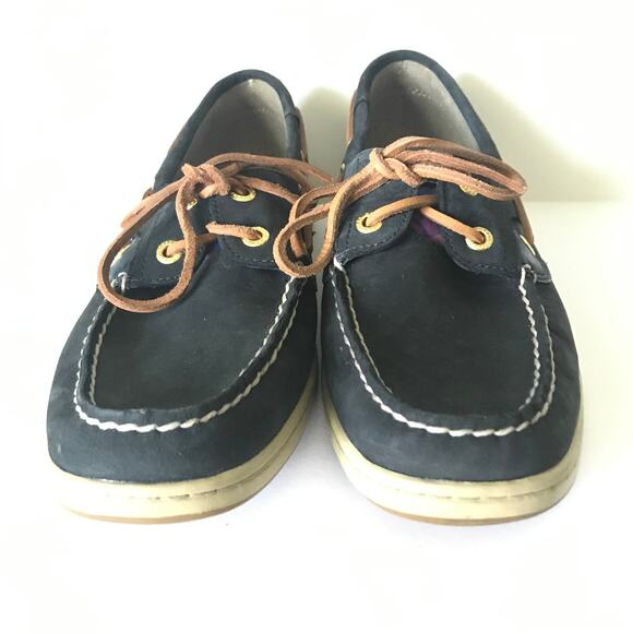 Sperry Top Siders Size 8.5 M Womens Leather Madras Plaid Navy Blue - Picture 2 of 10